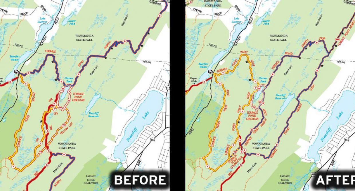 Terrace Pond Reblazing Before and After Map. Map by Jeremy Apgar.