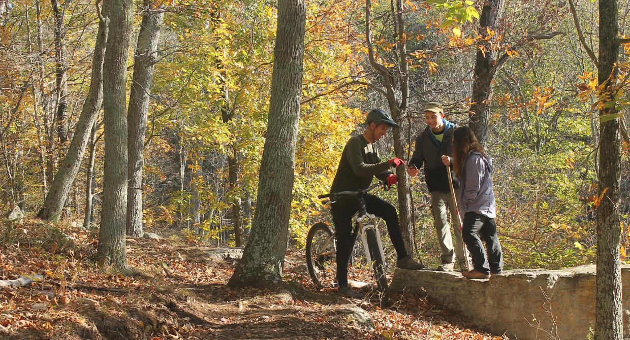 Sterling Forest Multi-Use Trail Loop: Biker Greets Hikers. Credit: Robert Celestin